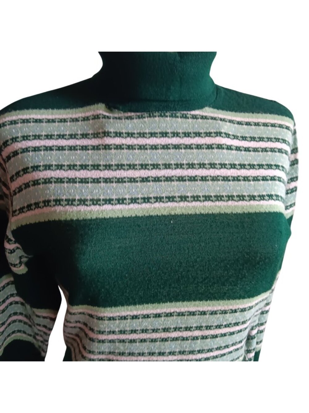 Long Sleeve Knit Top Size Medium Vintage 70s Green Striped Mock Neck Sweater -